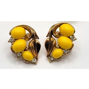 VTG "Crown" Trifari Earrings | Yellow Cabochons & Clear Rhinestones | SIGNED